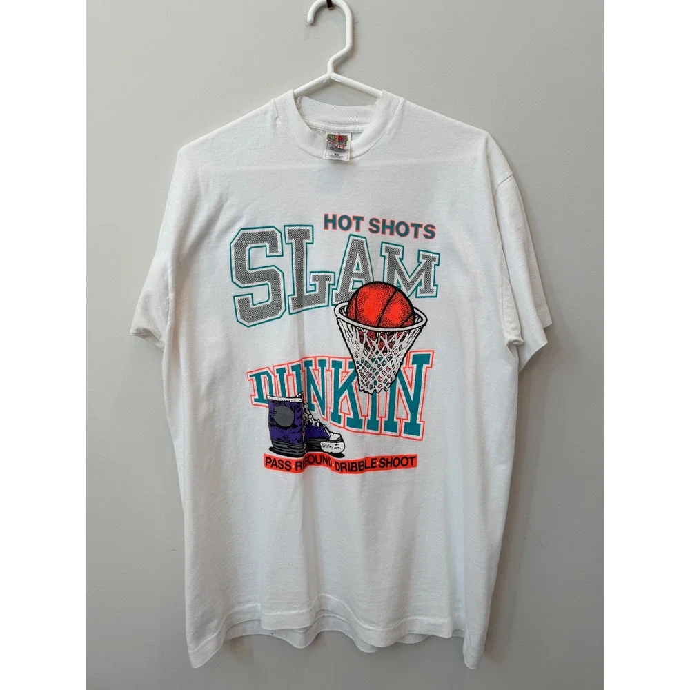 Vintage Fruit of the Loom Hot Shots Slam Dunkin Basketball Graphic Tee White XL